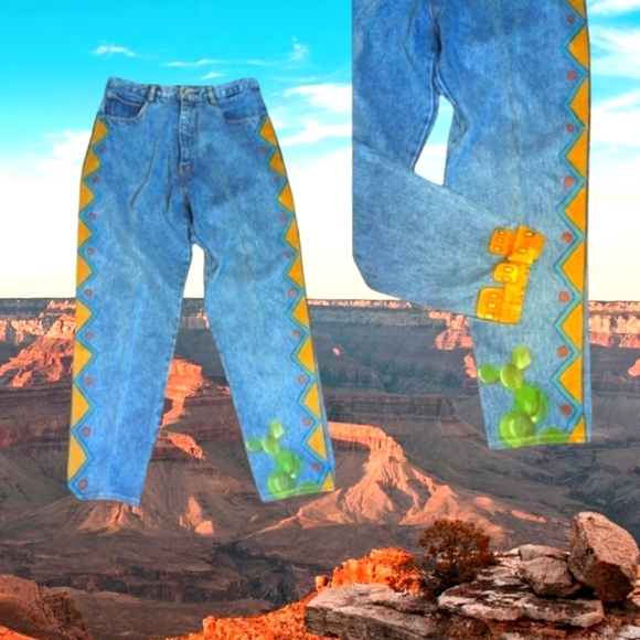Vtg Bill Blass southwest hand painted design denim tapered stonewash jeans sz 32 - Picture 1 of 10
